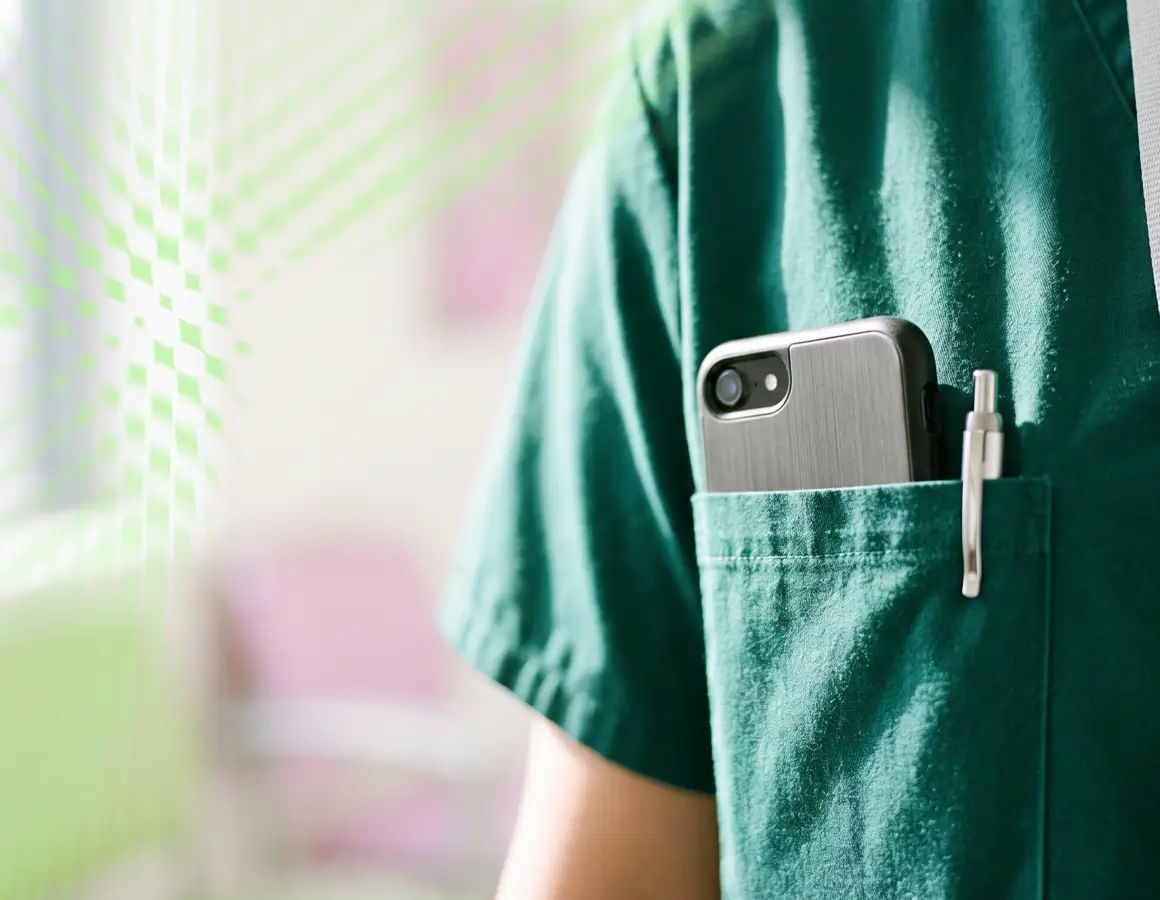 Person in green scrubs with a smartphone and pen in their pocket