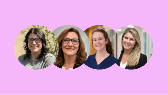 Circular portraits of four women in professional attire against a pink background