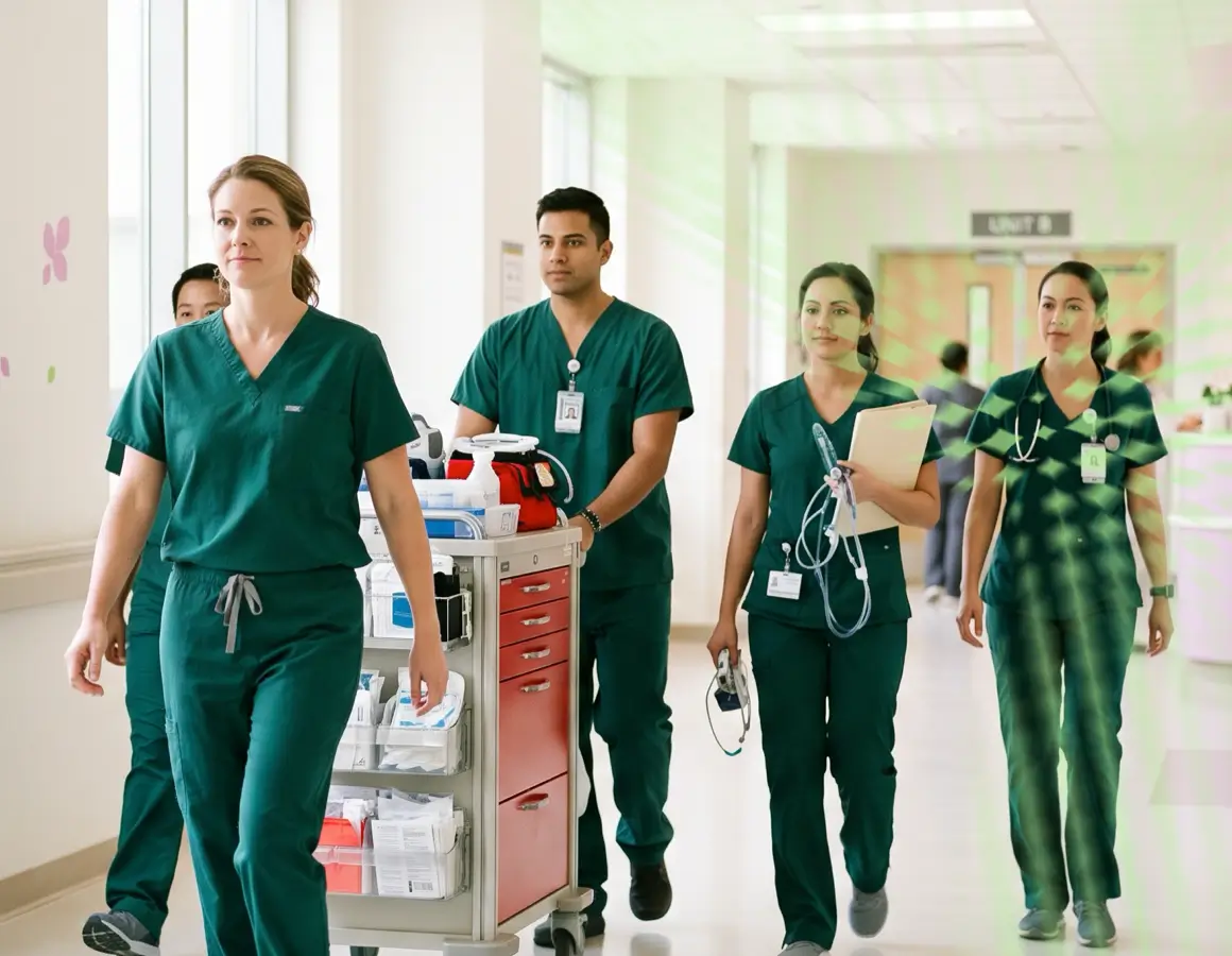 Group of healthcare professionals in green scrubs walking in a hospital corridor with medical equipment