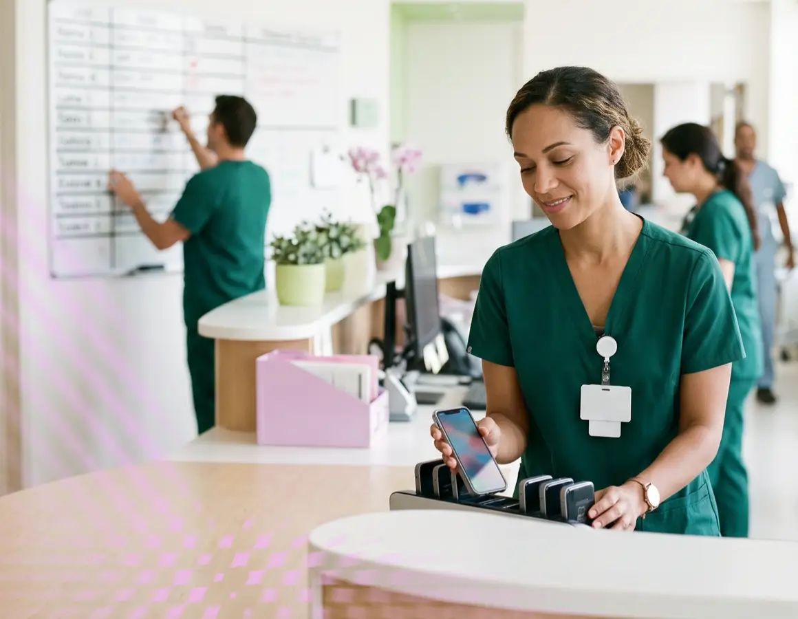 Healthcare professionals in scrubs at a clinic desk, one using a smartphone