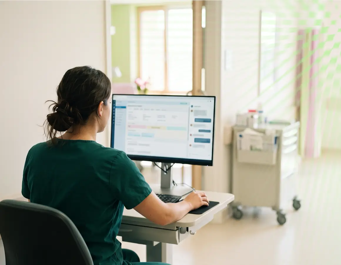 Nurse in green scrubs working at a computer in a clinical setting