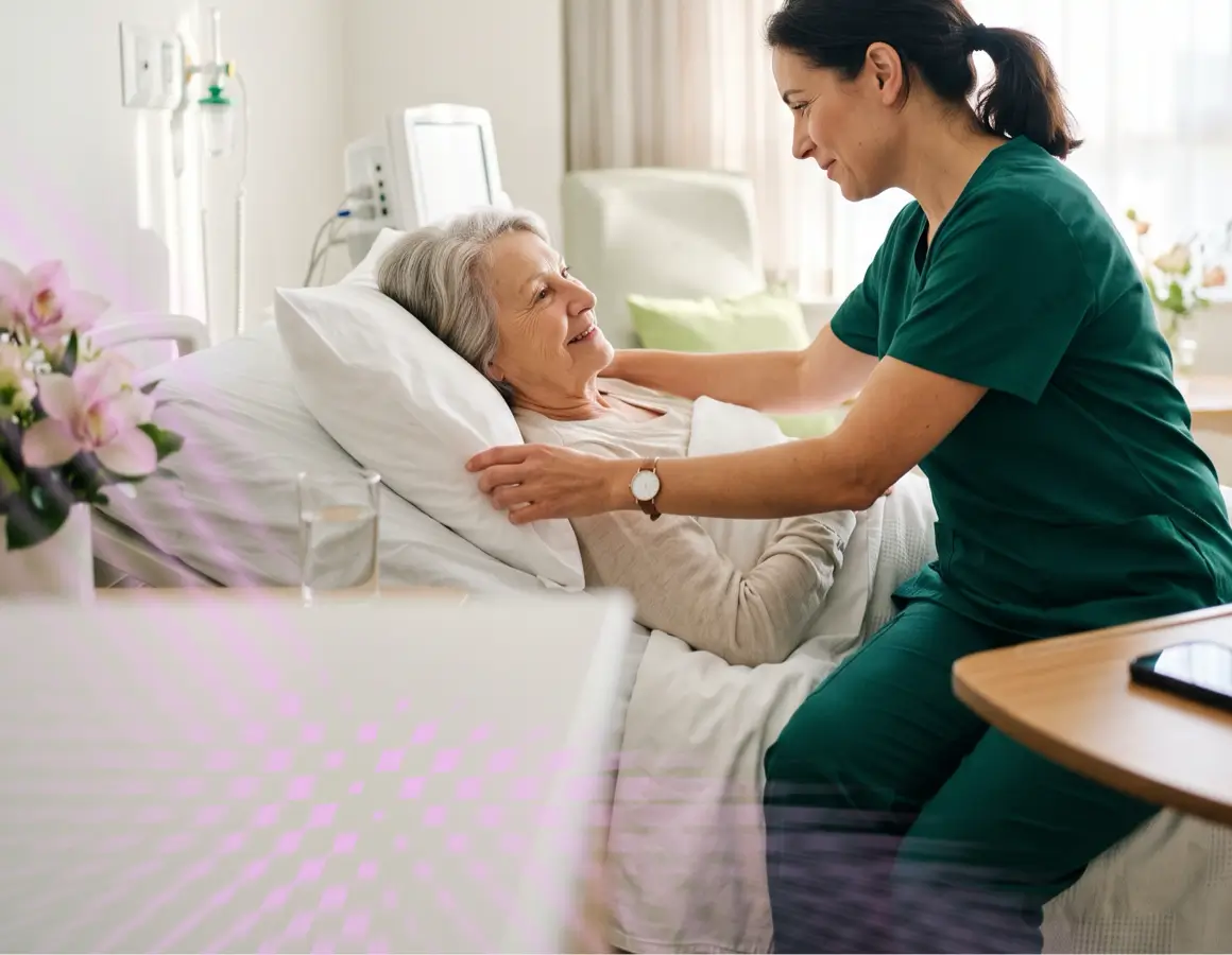 Nurse assisting elderly patient in hospital bed