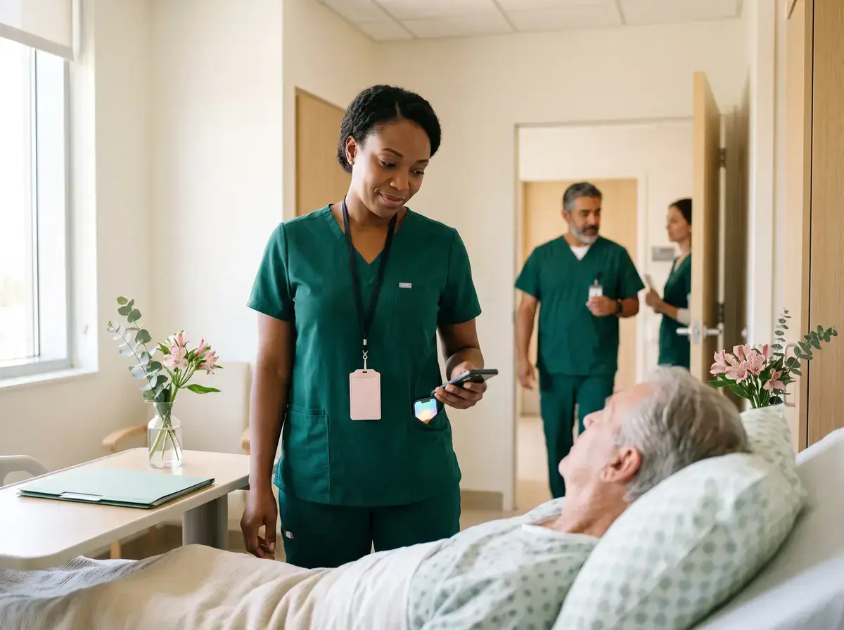 A nurse in green scrubs checks a phone beside a patient lying in a hospital bed while two colleagues talk in the hallway behind.