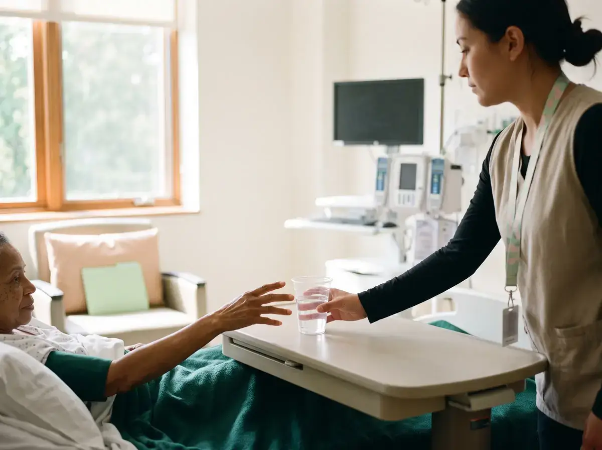 A care assistant in a tan vest hands a cup of water to an older patient sitting up in a hospital bed.