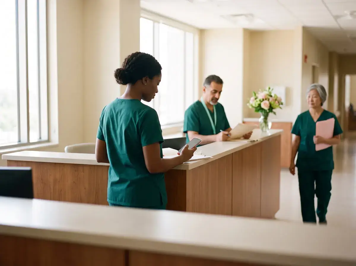 A nurse stands at a hospital reception desk looking at a phone while two other staff members work nearby.