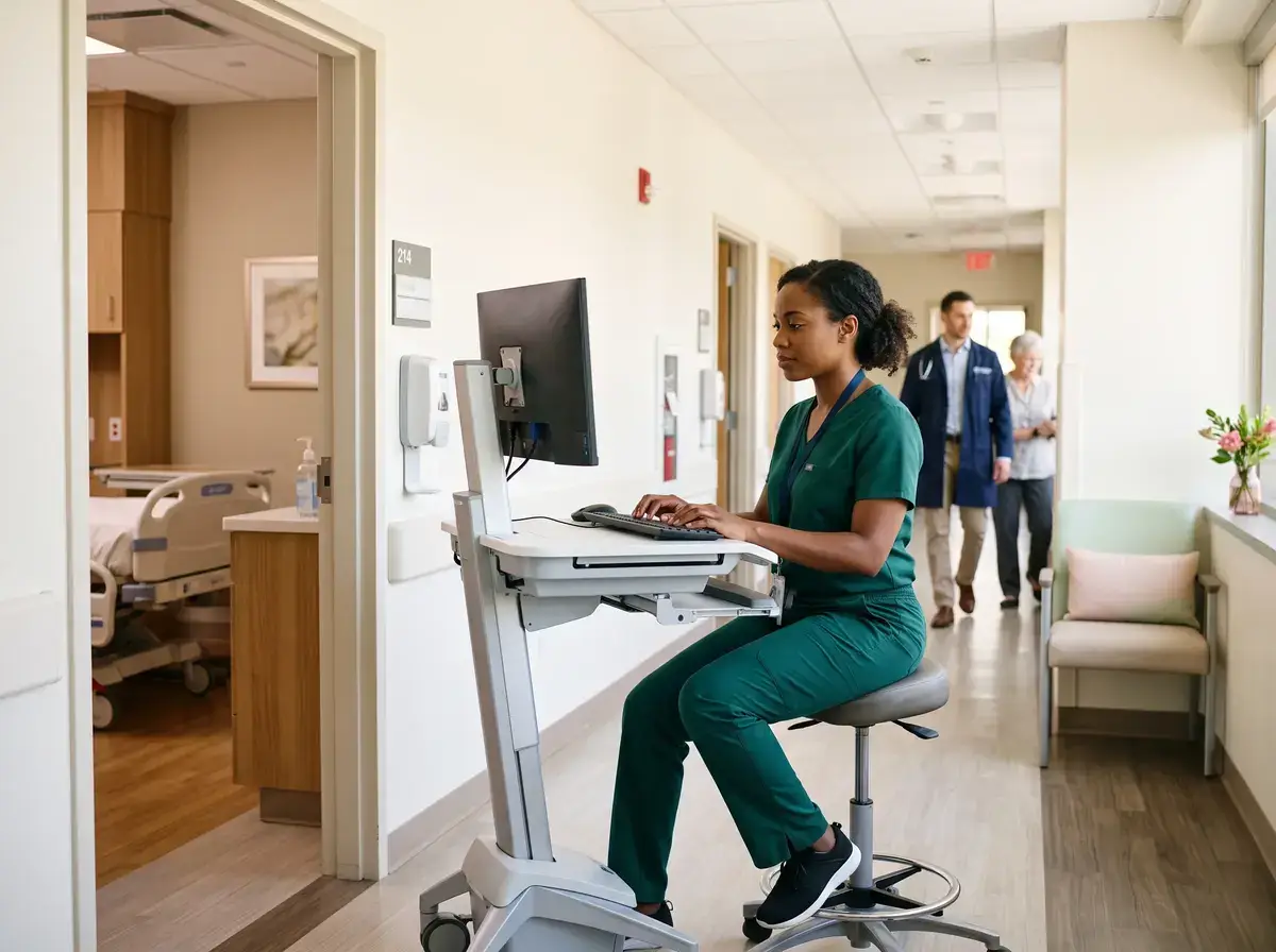 A nurse sits at a rolling computer workstation in a hospital corridor outside a patient room.