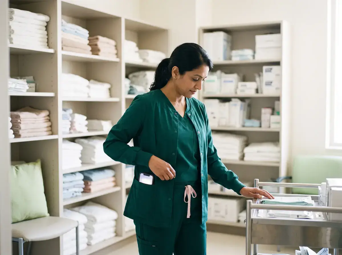 A nurse in a supply room stocked with folded linens reaches toward a metal cart.