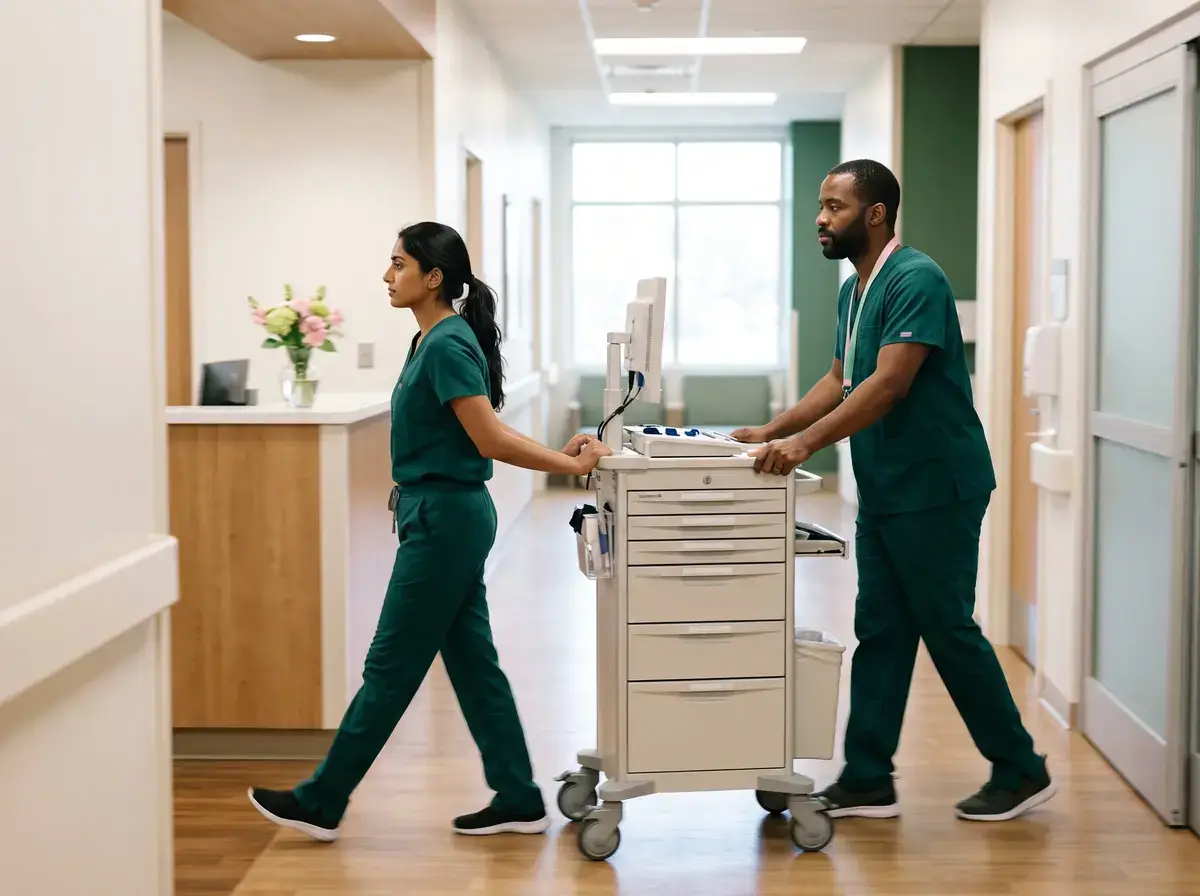Two nurses push a medical supply cart quickly down a bright hospital corridor.