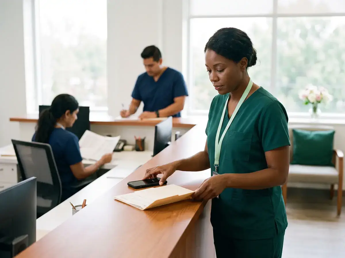 Nurse at a clinic reception desk checking a phone while colleagues work behind her