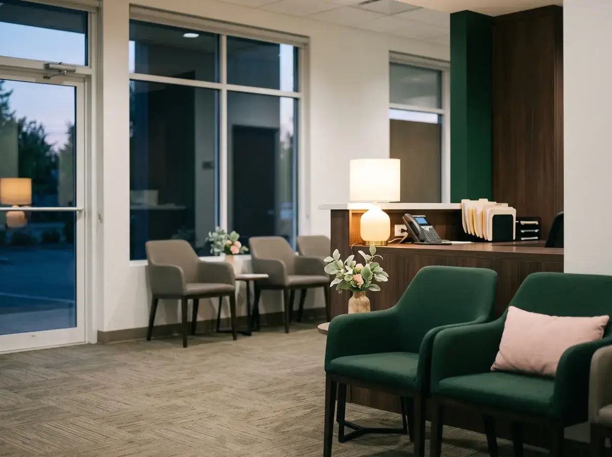 A modern waiting room with green chairs, a reception desk, and large windows showing a street view