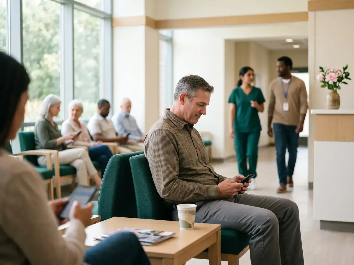 Patients waiting in a hospital waiting room while a nurse walks with a patient