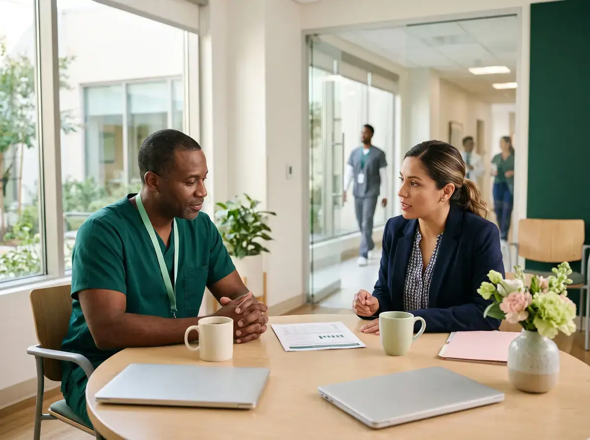 Physician in scrubs and a colleague in a blazer talking across a table with coffee and a laptop