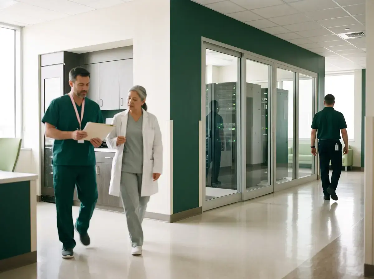 Clinician and a physician in a white coat reviewing a document as they walk through a glass walled hospital corridor