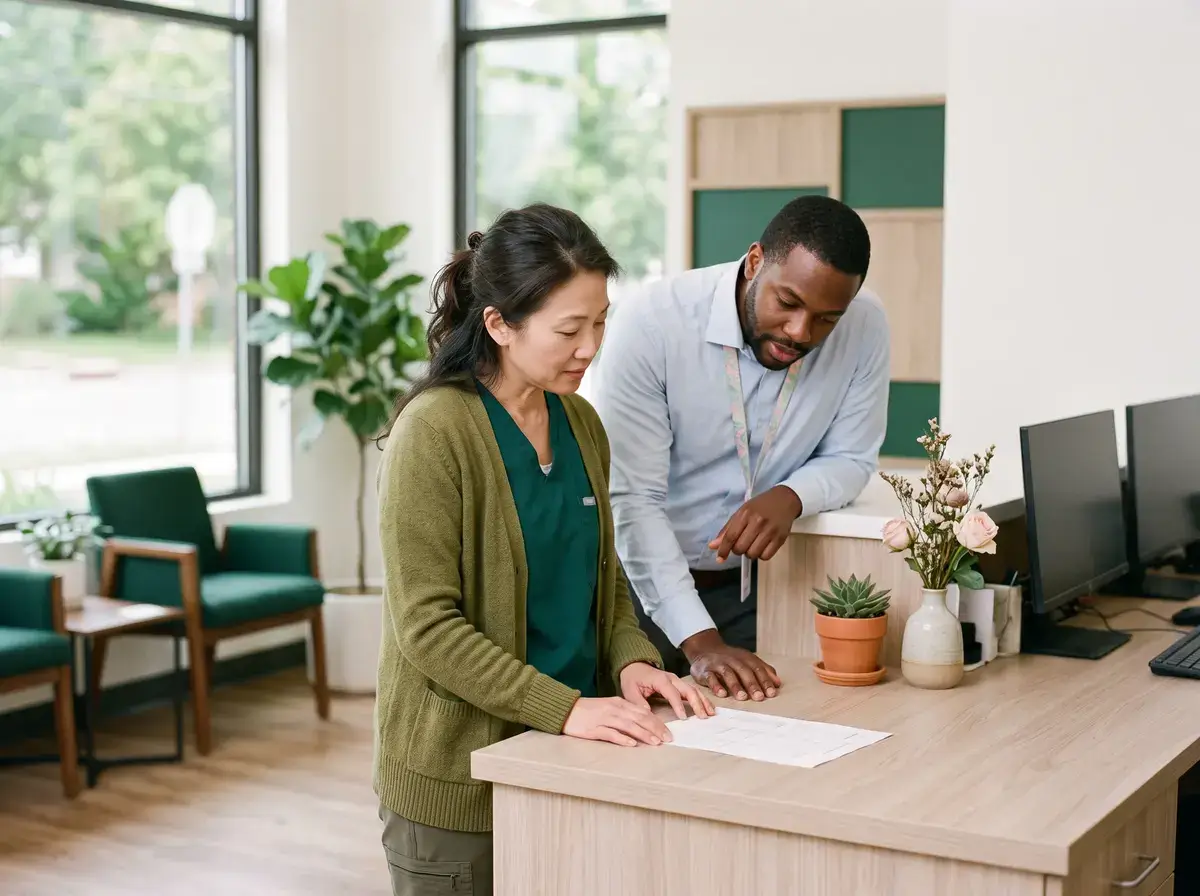 Practice administrator and a colleague reviewing a printed schedule together at a reception counter