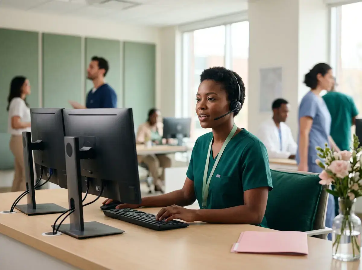 Operator in scrubs and a headset at a monitor in a busy hospital communications office
