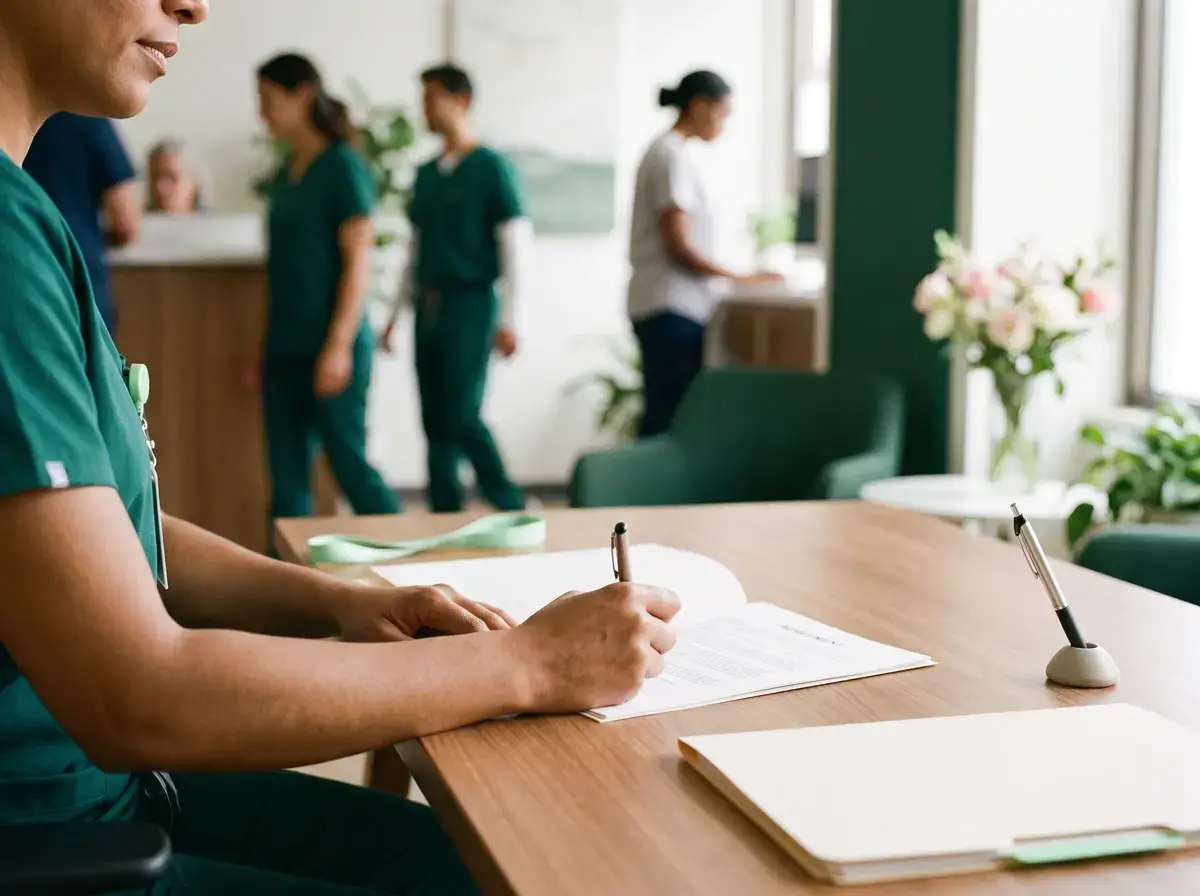 Clinician signing paperwork at a desk in a busy clinic with staff and a patient in the background