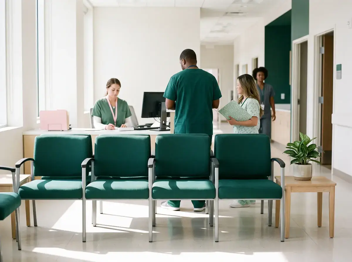 Quiet clinic waiting room with green chairs and staff at the front desk