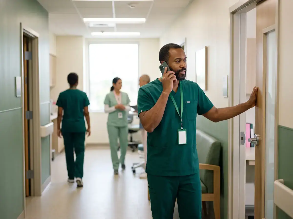 Physician in scrubs on a mobile call in a clinic doorway while staff walk the hallway