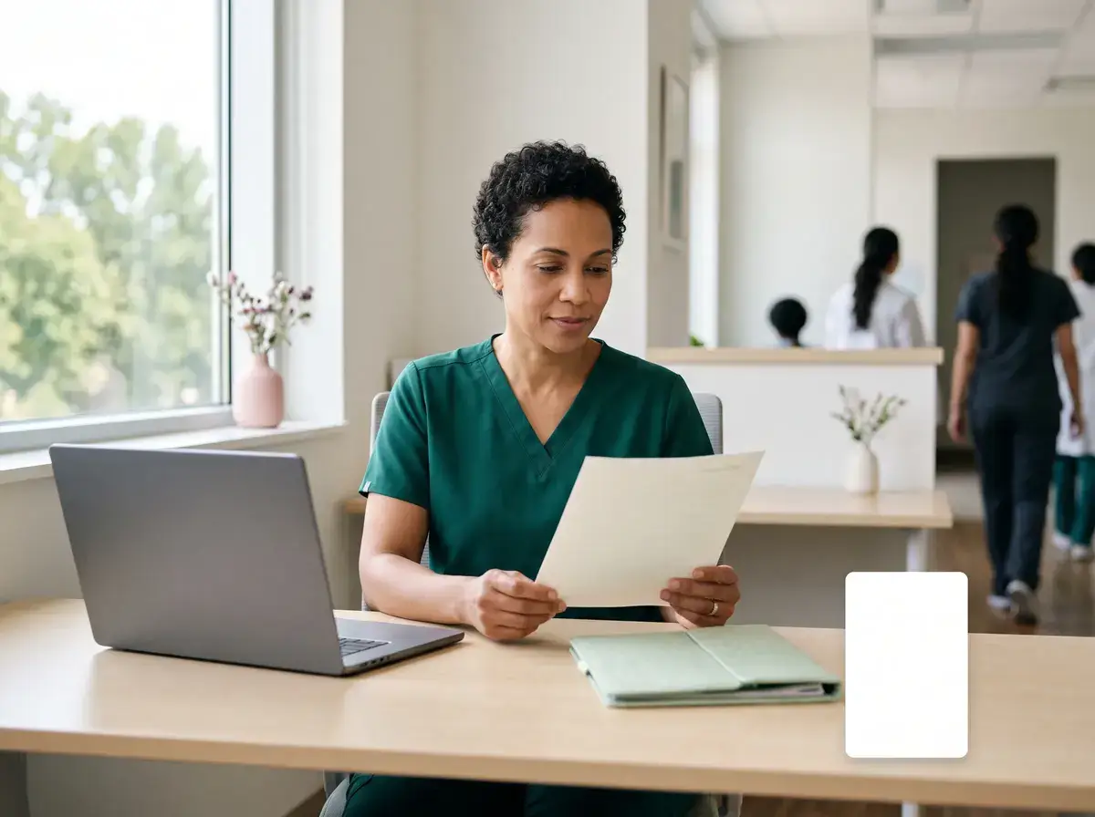 IT administrator in scrubs reading a document beside a laptop in an open clinic office