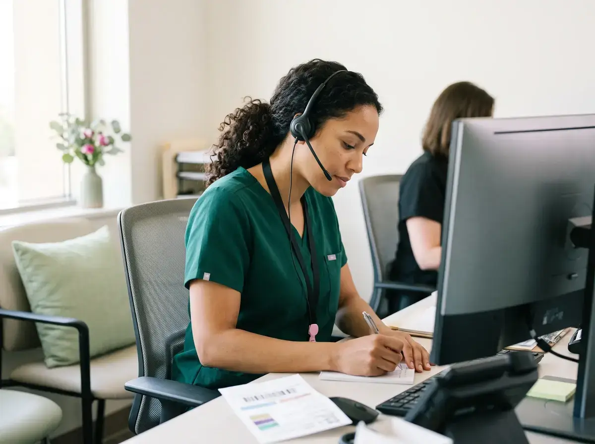 Operator wearing a headset typing at a monitor with printed notes on the desk