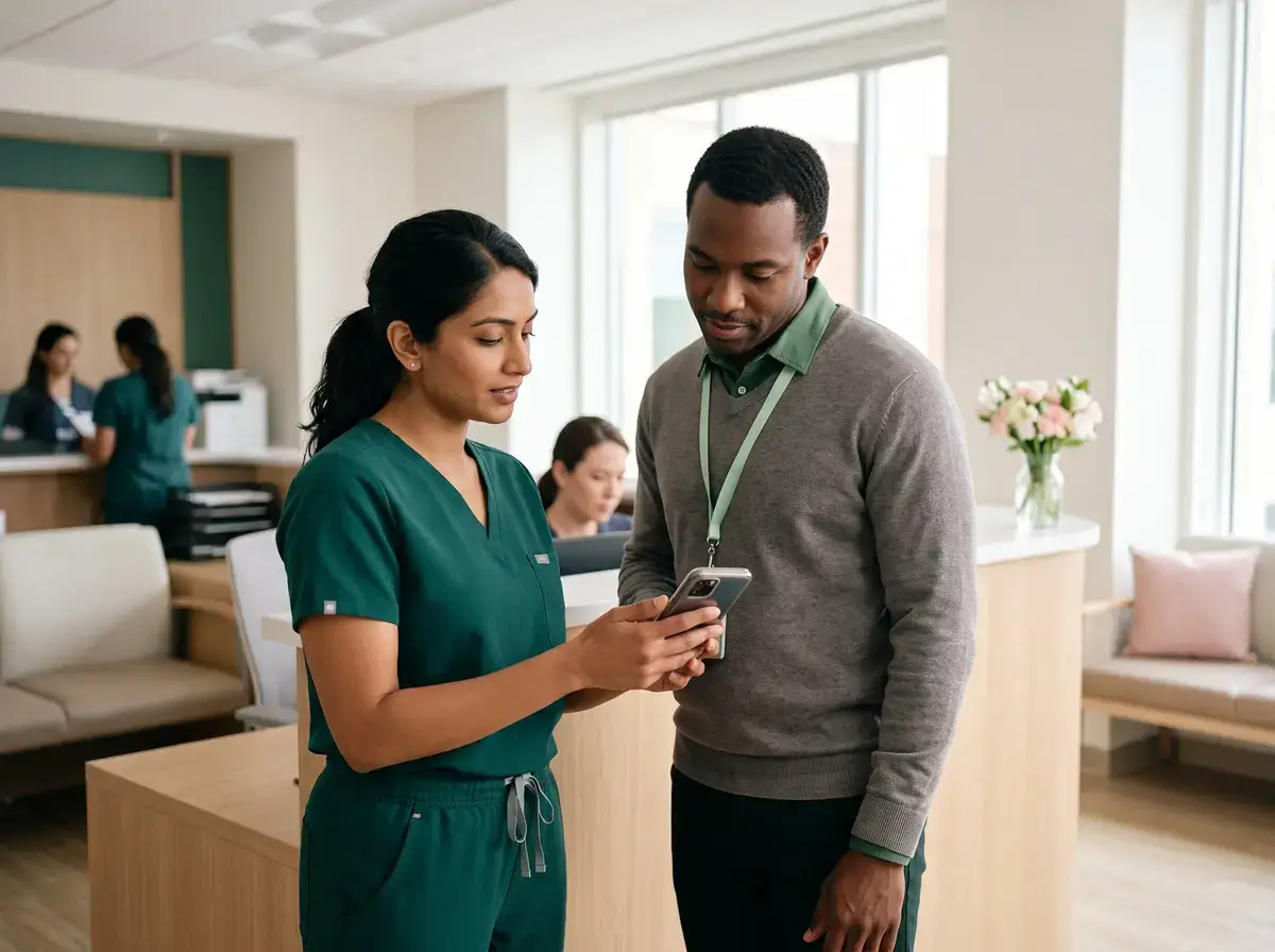 Nurse showing a mobile screen to a visiting care partner in a clinic reception area