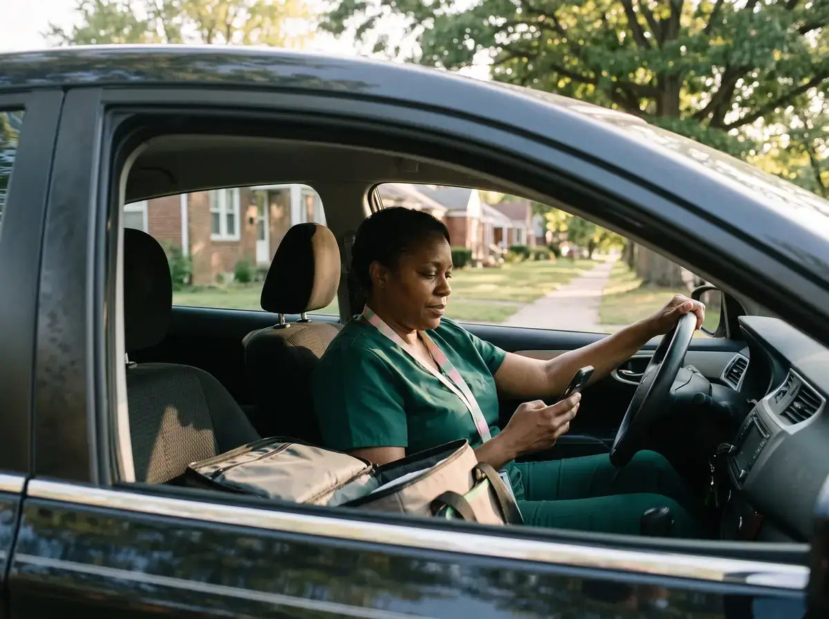 Home health clinician in scrubs checking a phone from the driver seat of a parked car