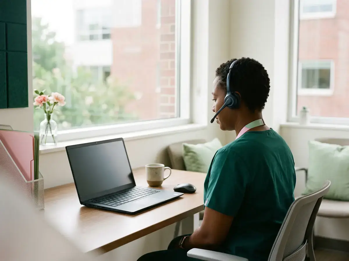 Operator in a headset working on a laptop and desktop screen at a window desk