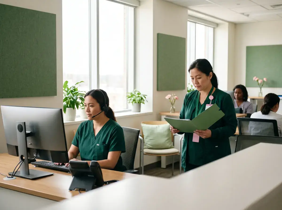 Call center agent in a headset at a workstation with a colleague reviewing a folder behind her