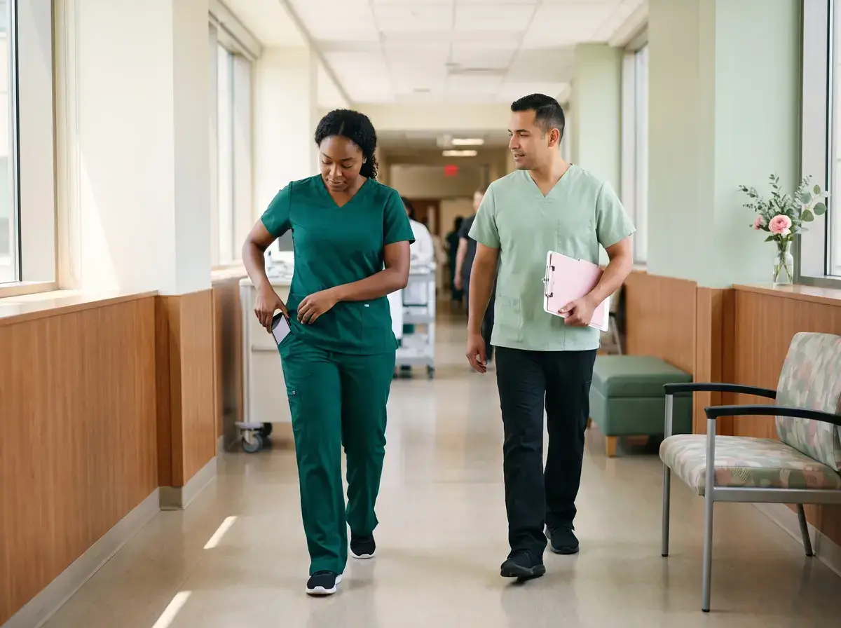 Two clinicians in scrubs walking quickly down a hospital corridor, one carrying a file