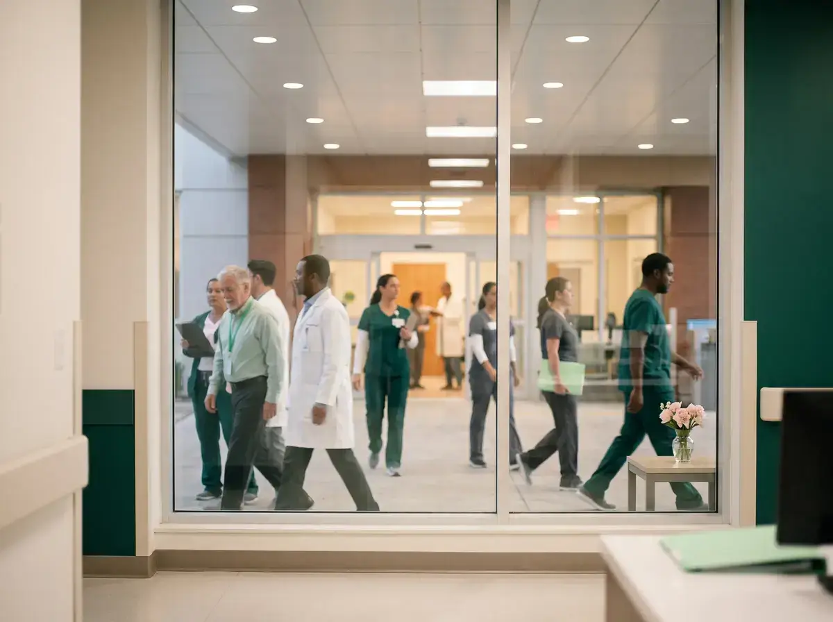 Clinical team seen through glass doors moving through a hospital entrance corridor