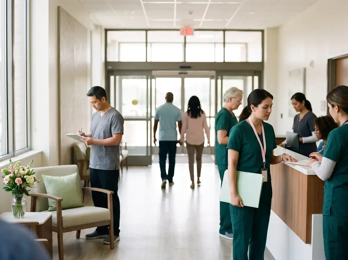 Hospital lobby corridor with staff at a desk and patients walking toward the entrance