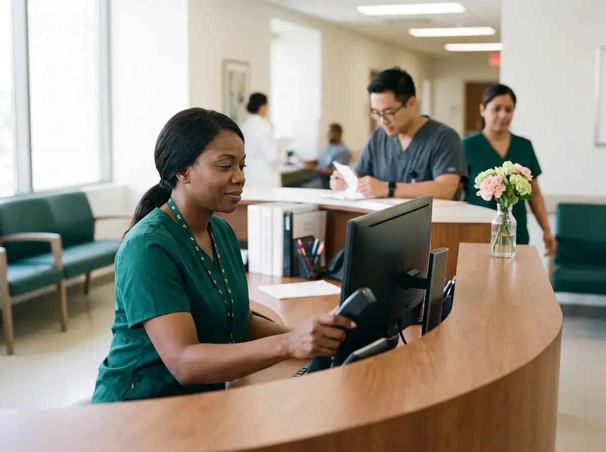 Nurse at a curved hospital station answering a desk phone with colleagues nearby