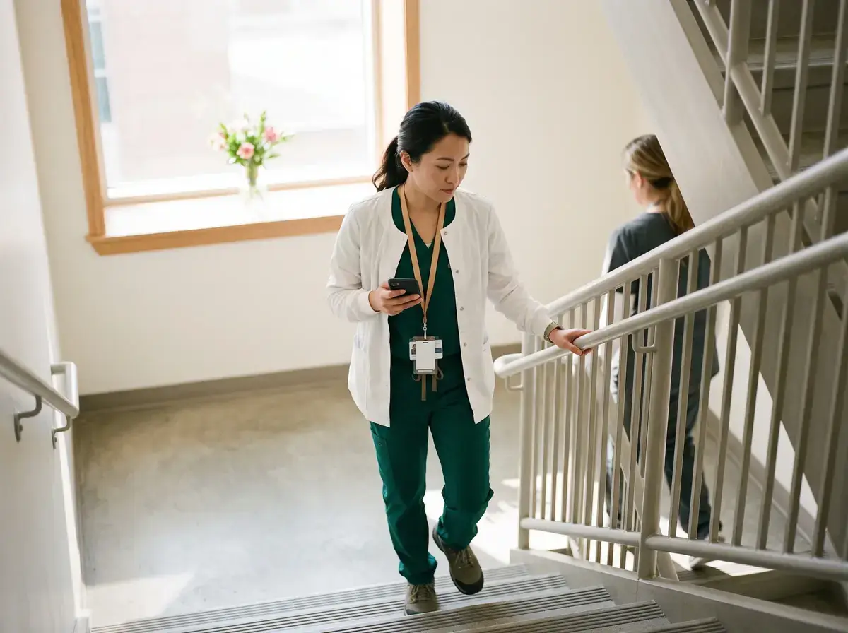 Clinician in a white coat climbing a hospital stairwell while checking a phone