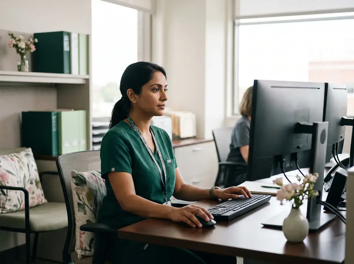Clinician in scrubs working at a desktop monitor in a clinic office with a colleague behind