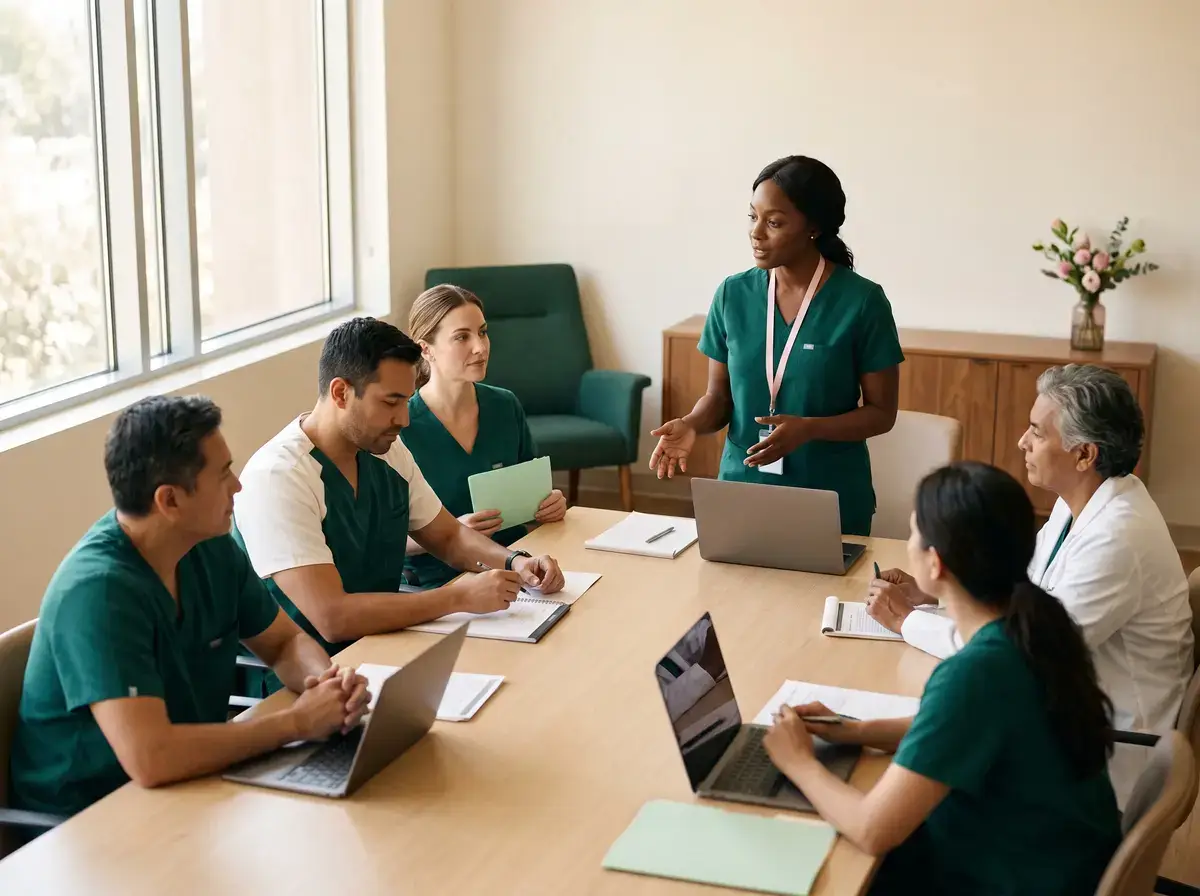 Team meeting around a conference table with laptops as a clinician leads the discussion