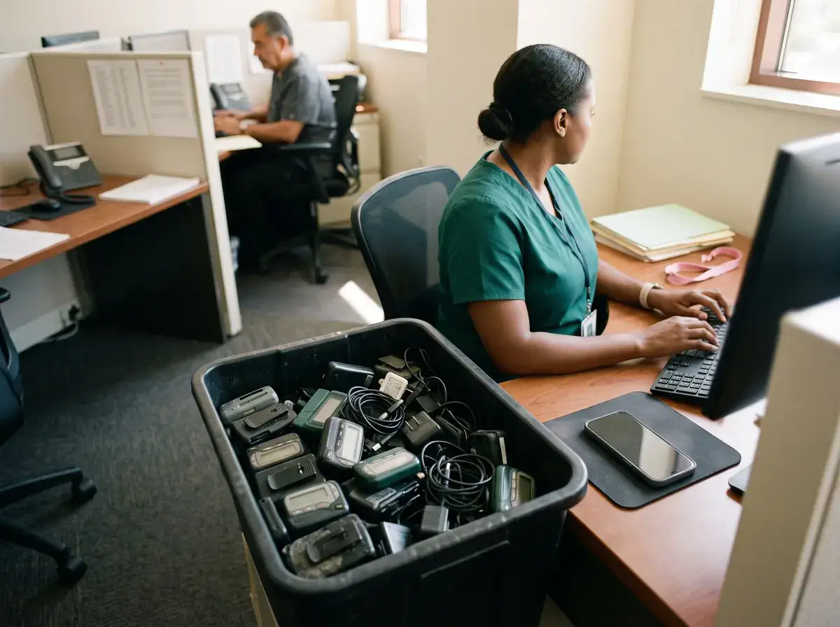 Bin of retired pagers and cables on a desk in an office where a clinician works at a computer