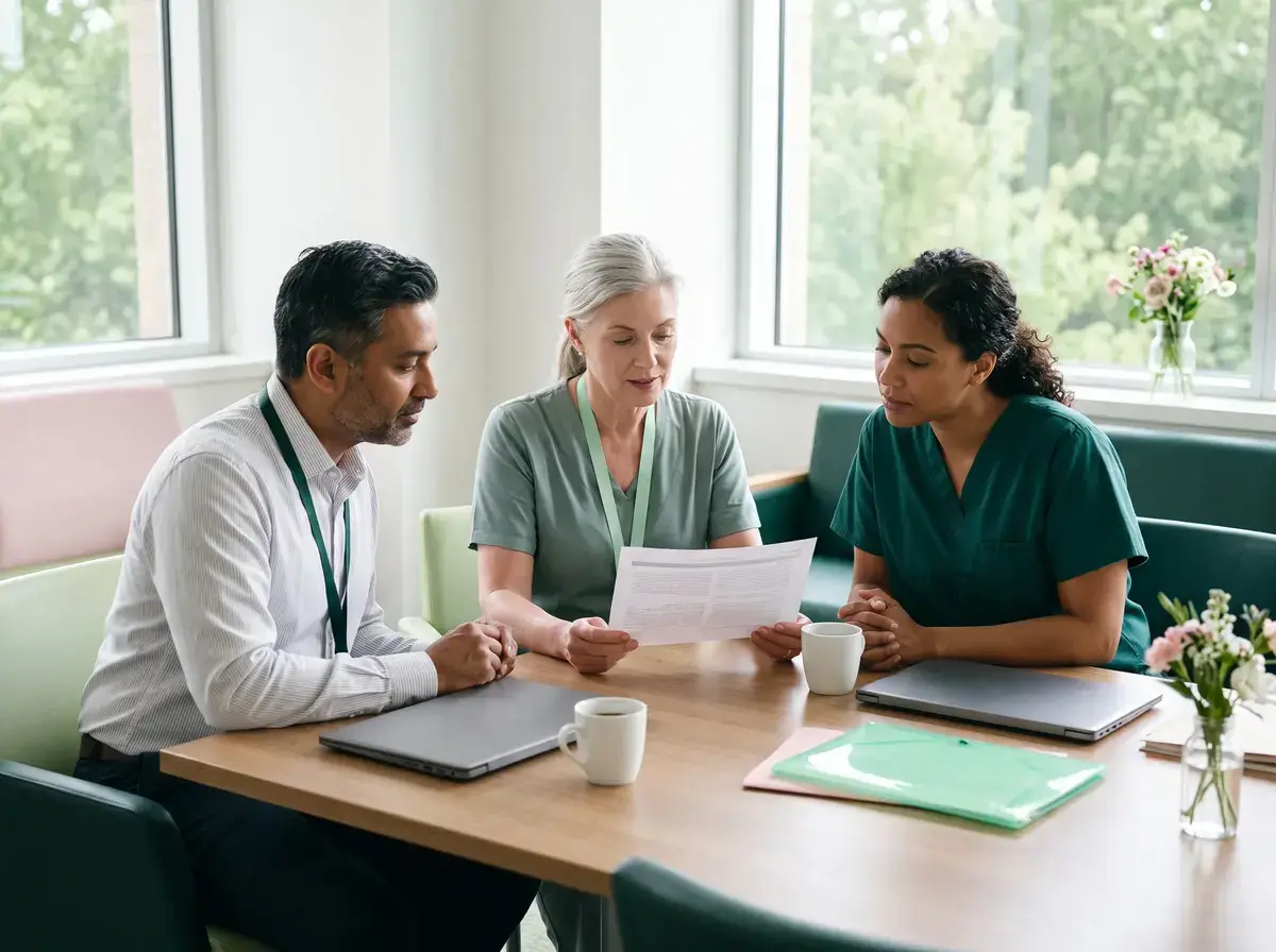 Three colleagues reviewing a printed document together at a conference table by a window