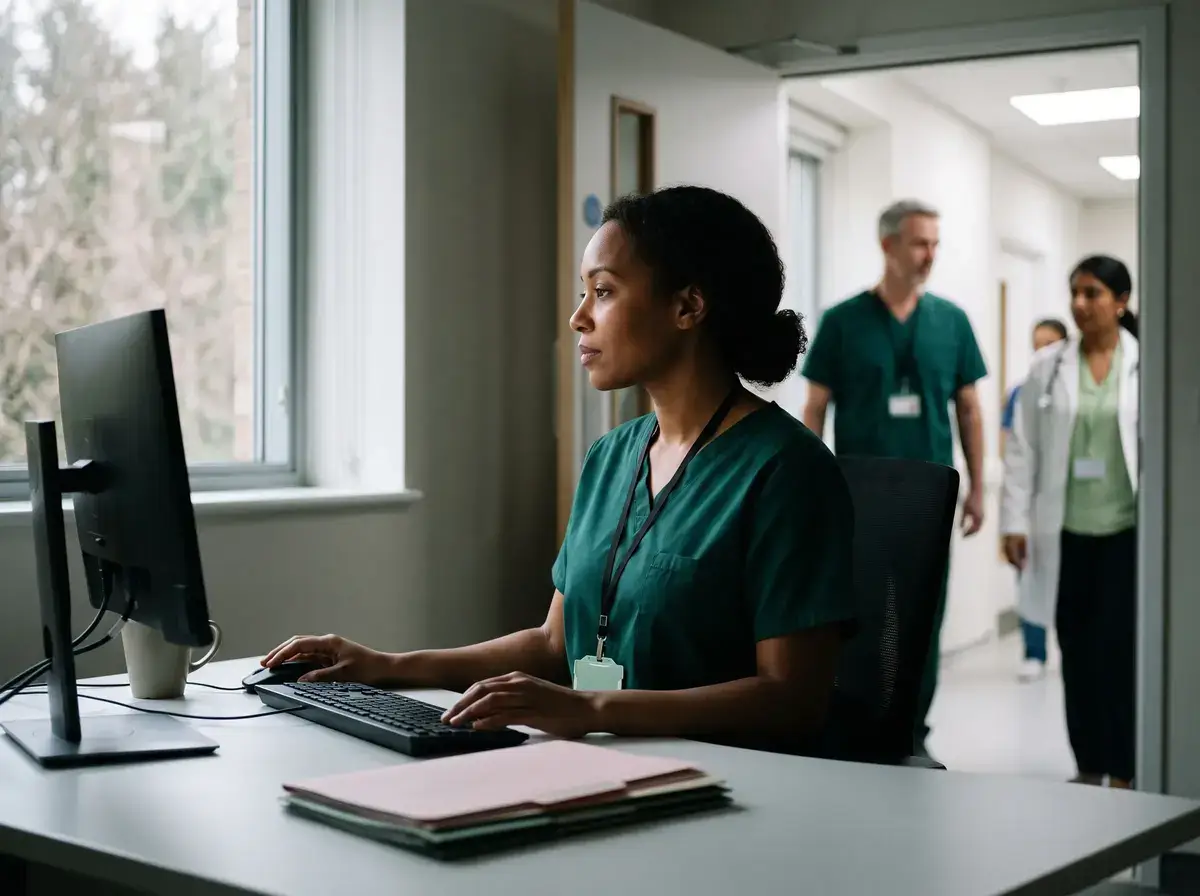 IT staff member at a workstation by a window while clinicians pass through the corridor