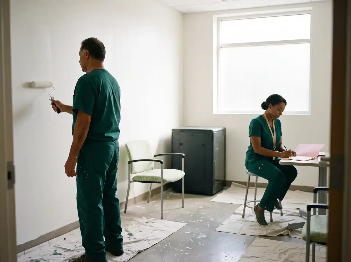 Facilities worker painting an empty room where old switchboard hardware once stood as a clinician works nearby