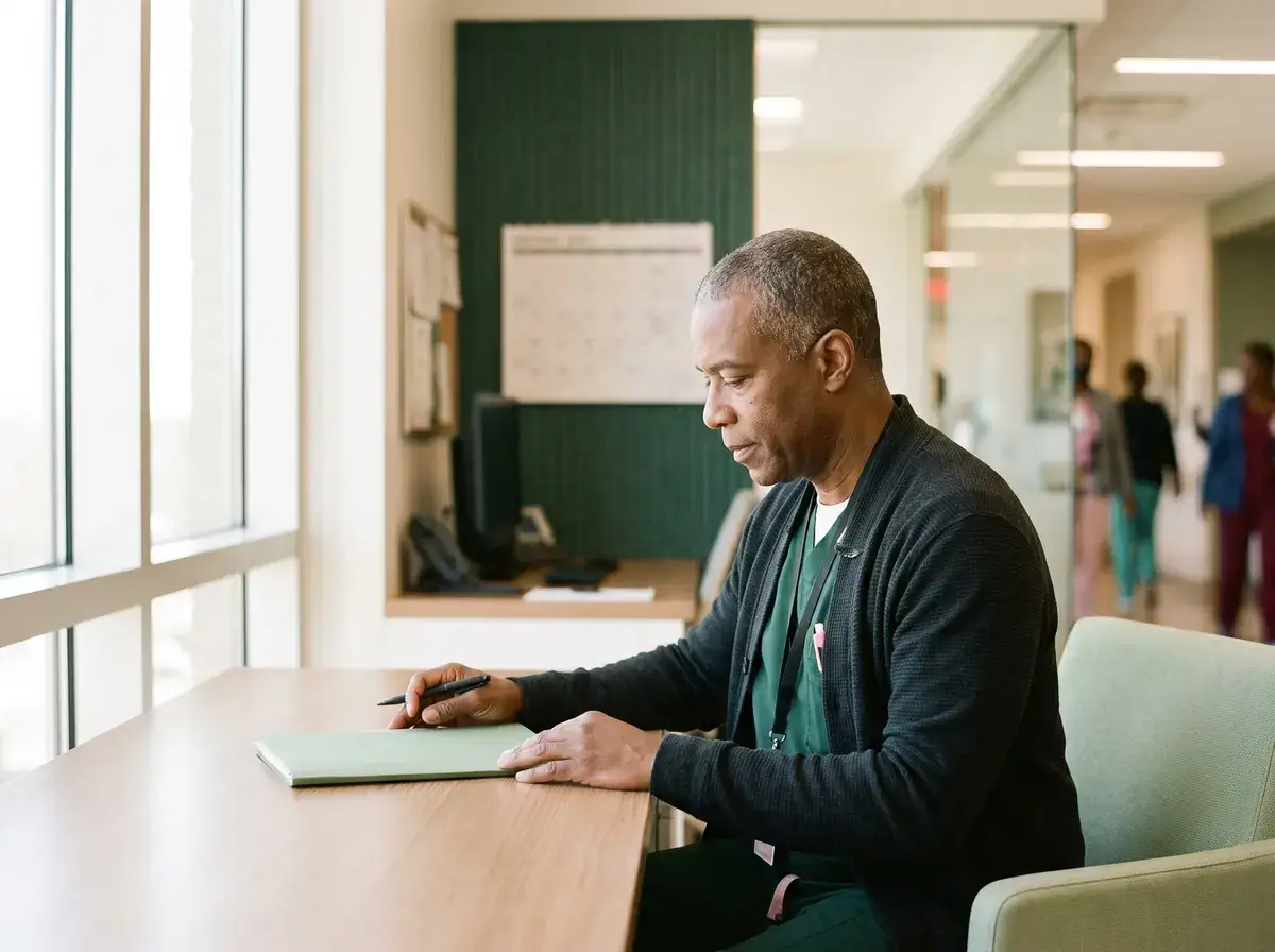 Finance leader reading and signing a document at a clinic table with the corridor behind