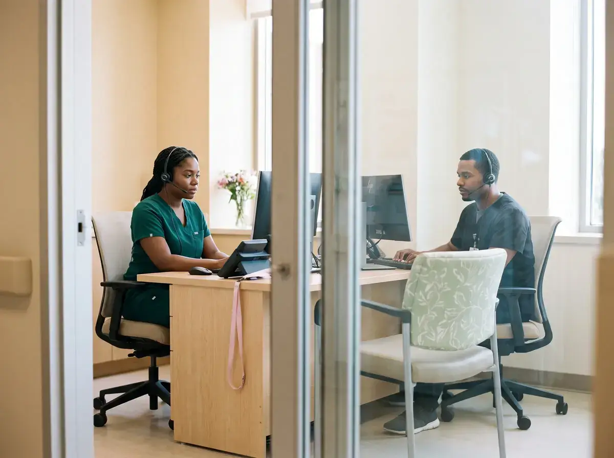 Two operators at desks in a glass fronted switchboard office