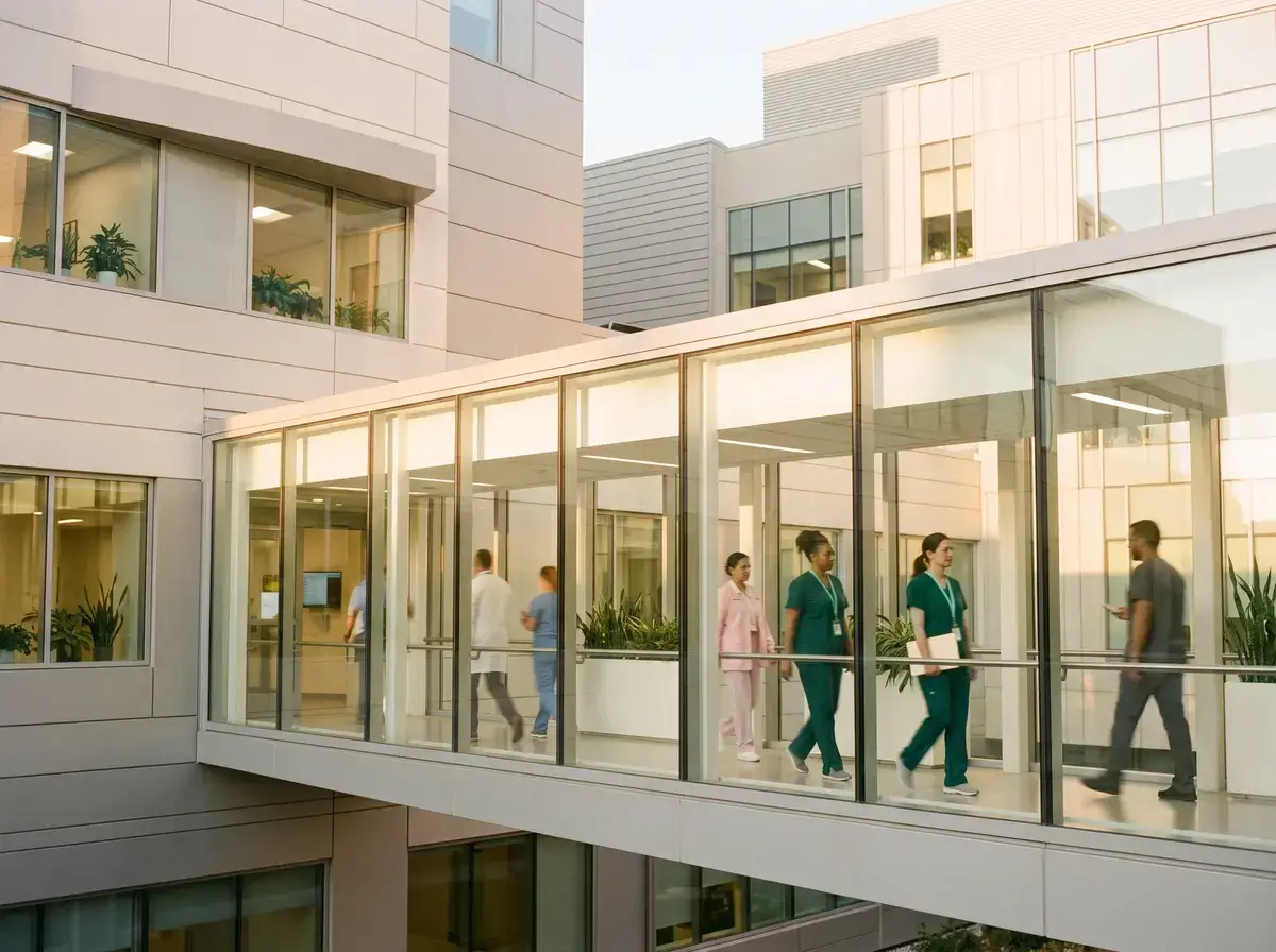 Clinicians walking through a glass skybridge connecting two hospital buildings