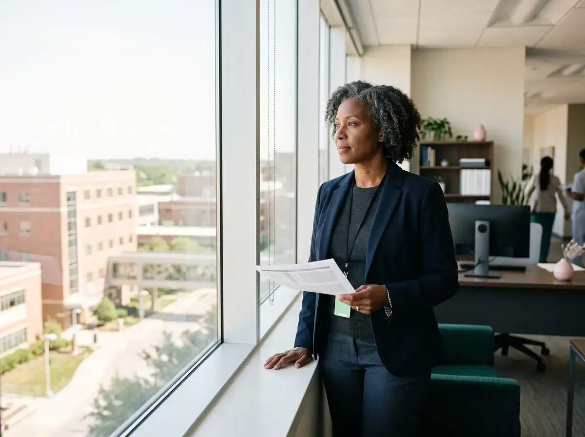 Executive in a blazer holding a report and looking out over a hospital campus from an office window