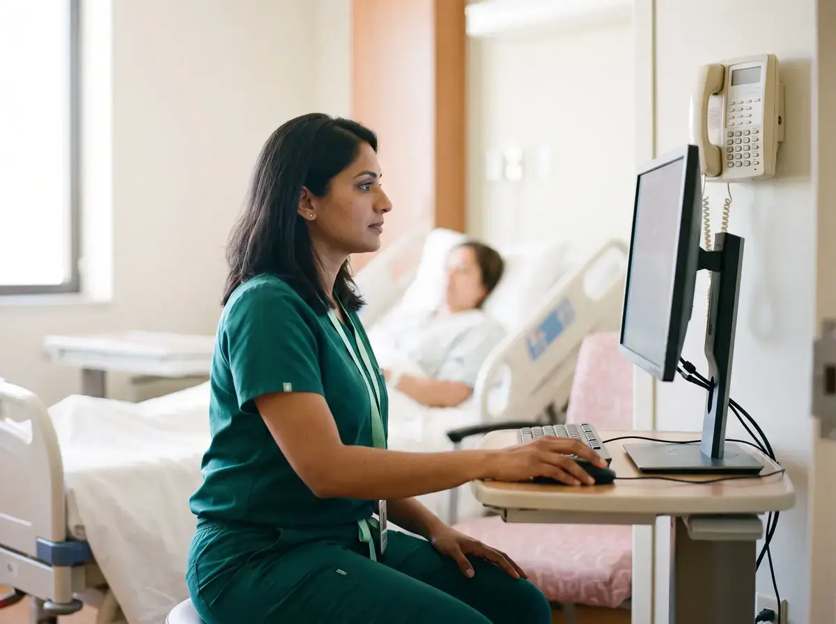 Nurse at a bedside computer workstation in a patient room