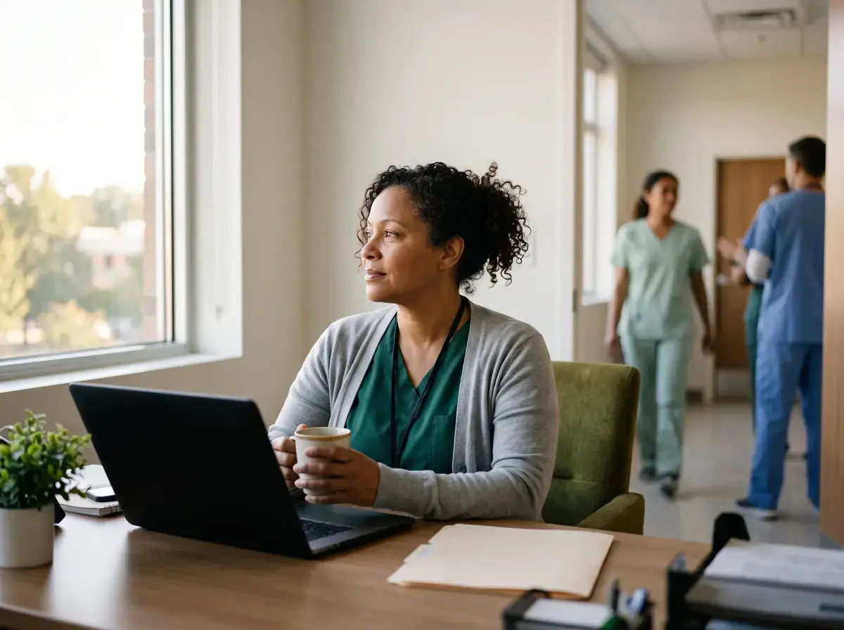 Practice manager with coffee looking up from a laptop as staff walk the clinic corridor