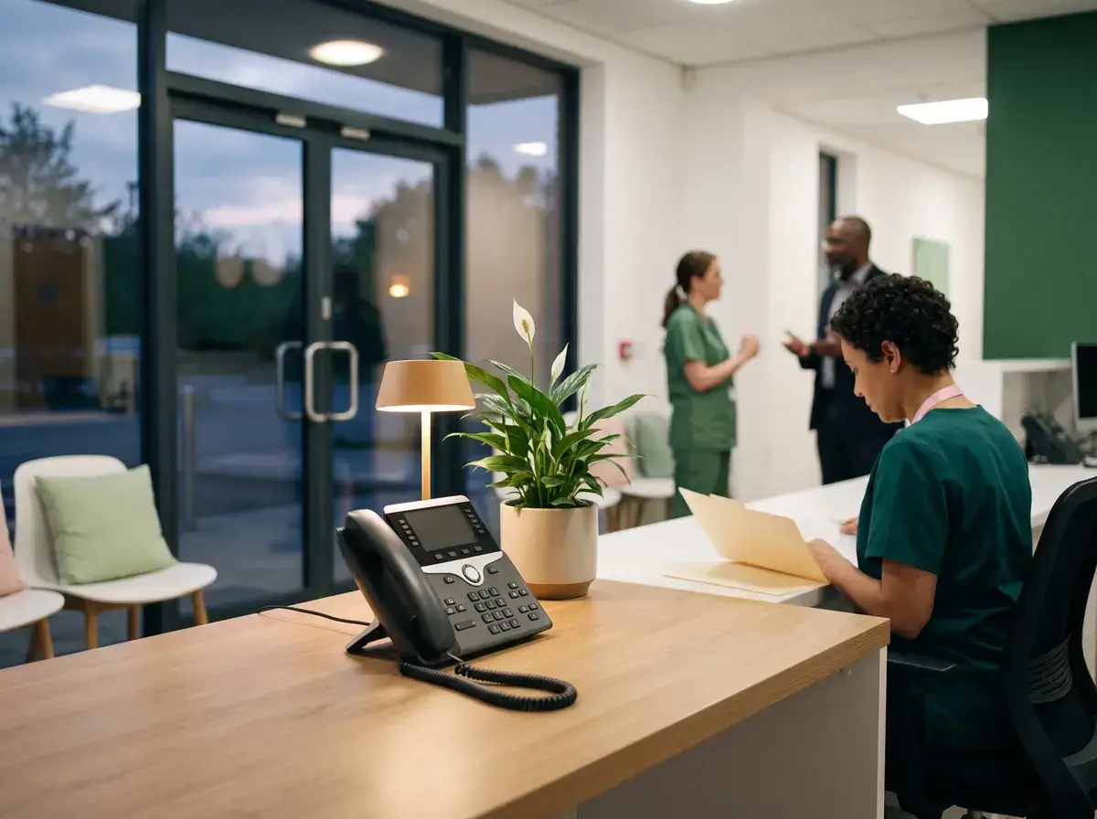 Clinic front desk phone at dusk with staff talking in the background