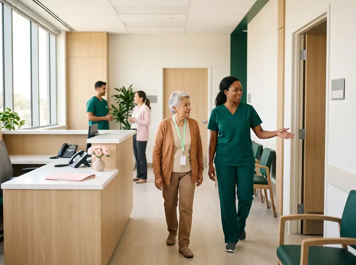 Nurse greeting an older patient in a clinic reception area with staff at the desk