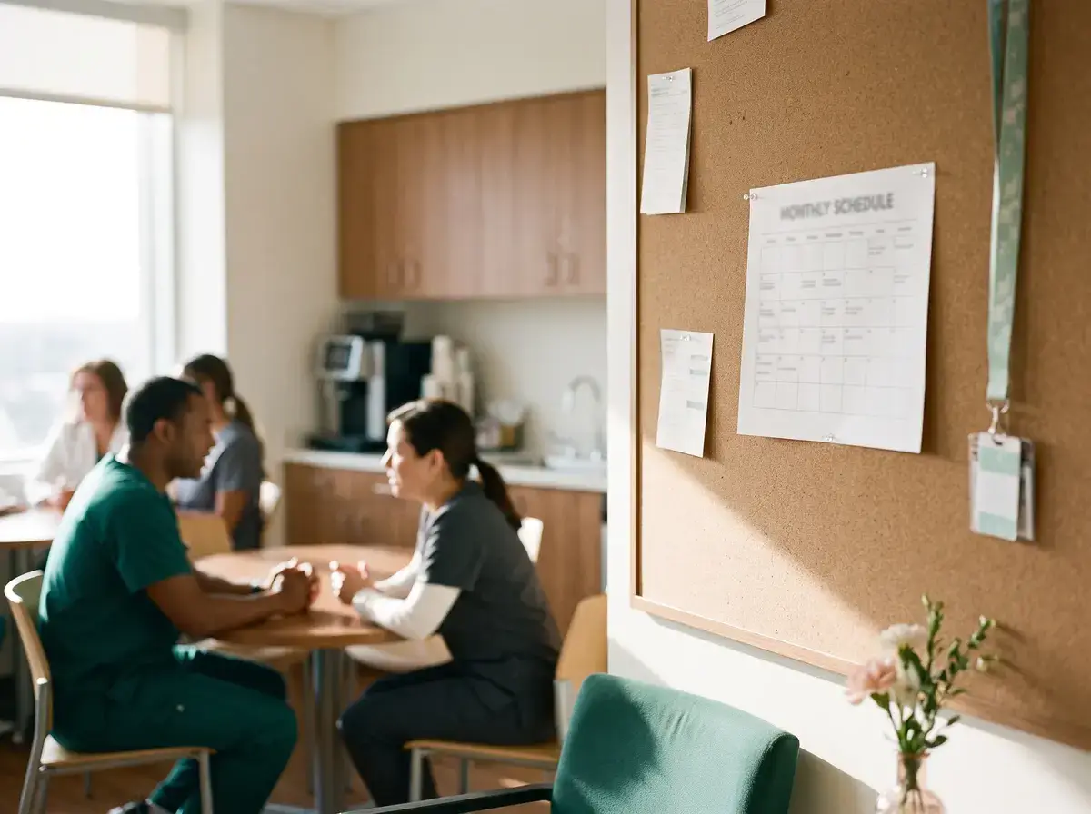 Printed monthly schedule pinned to a cork board in a clinic break room with staff at a table