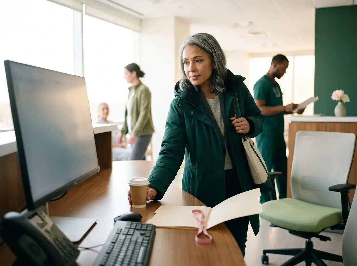 Practice manager arriving in the morning with coffee and bag, reviewing a folder at her desk