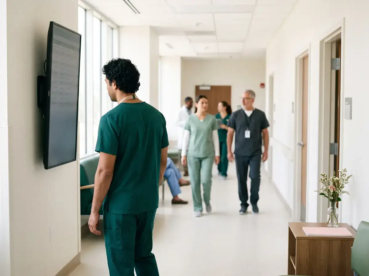 Clinician walking down a clinic corridor toward colleagues